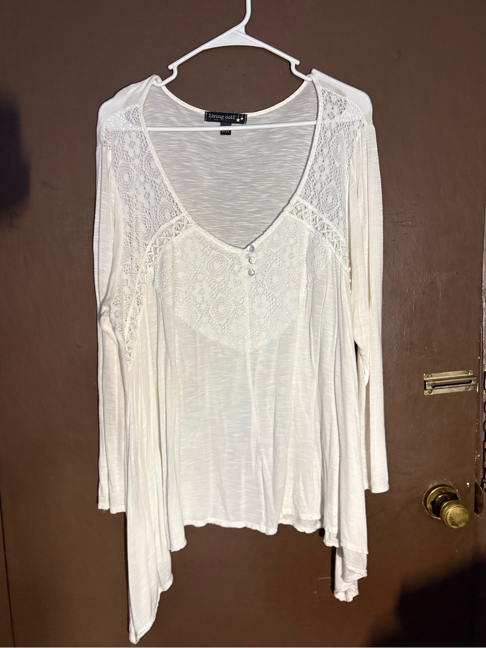 Living doll Ivory Lace-Trim Long Sleeve V-Neck Top